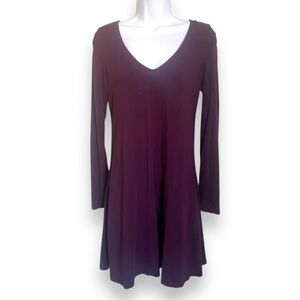 Express Dark Purple Long Sleeve Fit & Flare Mini Dress | V-Neck Style
